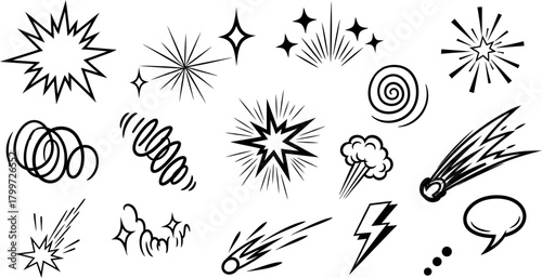Collection of hand drawn comic book style explosion and starburst graphic elements on white background
