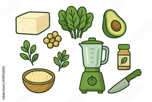 Healthy plant-based ingredients and kitchen tools for nutritious meal preparation