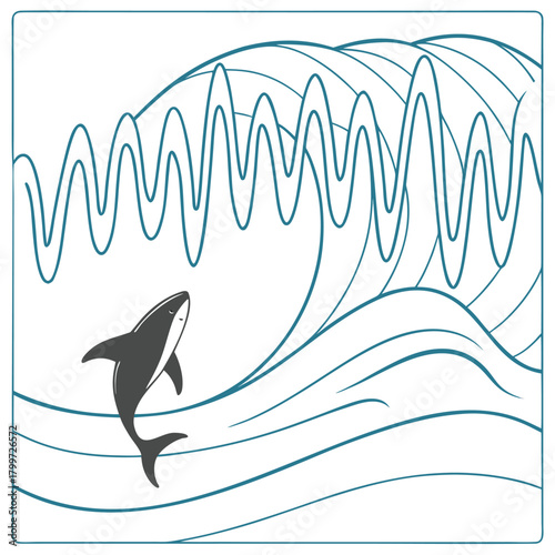 A whale breaching amidst stylized waves in a simple blue and white design