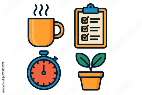Morning routine and productivity concepts with coffee, checklist, timer, and potted plant