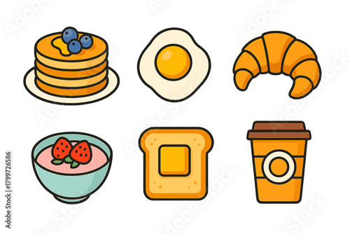 Popular breakfast foods including pancakes, fried egg, croissant, toast, and coffee cup