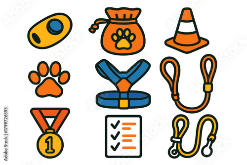 Collection of dog training and pet care supplies including leash harness clicker and treat bag