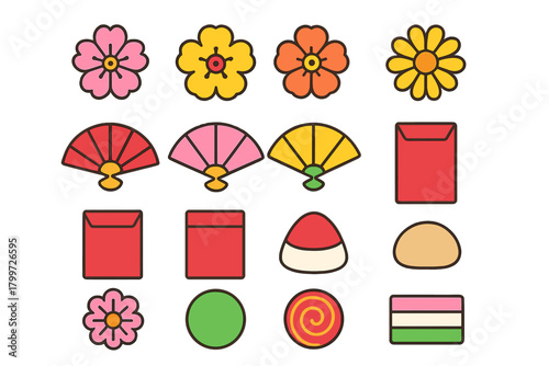 Colorful assortment of traditional Japanese cultural icons and design elements for celebration and holiday