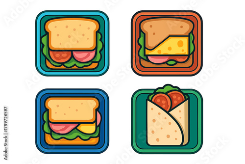 Set of four stylized lunch icons showing various sandwiches and a meat and vegetable wrap