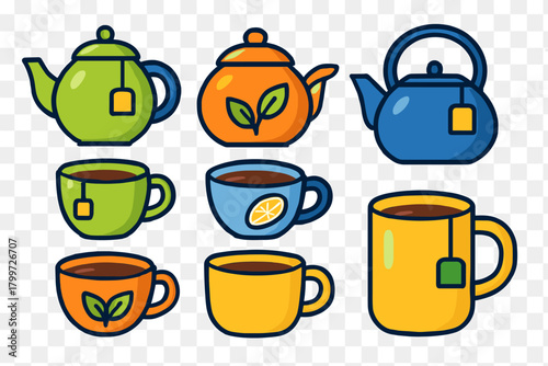 Brightly colored collection of teapots, mugs, and kettles with hot beverage