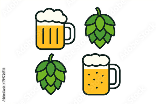 Stylized icons featuring full beer mugs with foam and fresh green hop cones