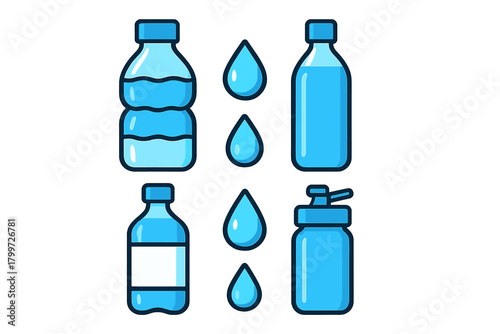 Assortment of plastic drinking water containers including sports bottle and clean blue drops