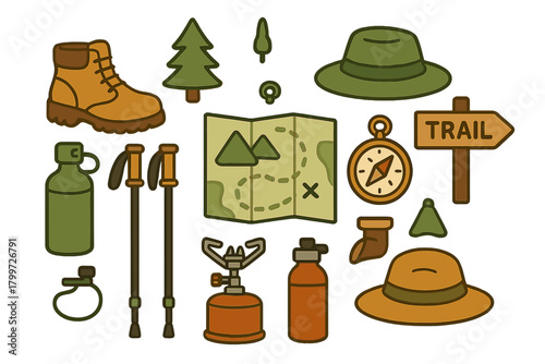 Essential gear for wilderness adventure including map compass boots and trekking poles