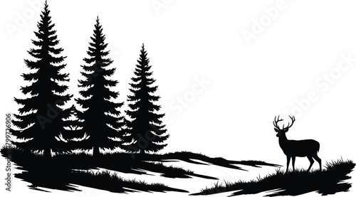 PrintForest silhouette with deer, conifer trees, wildlife scene, black and white illustration, nature art, antlers, grass, peaceful landscape, vector
