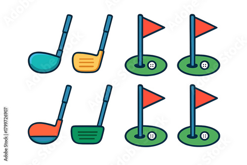 Colorful collection of golf equipment, clubs, balls, and putting greens with flags