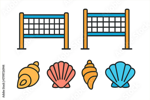 Vibrant collection of colorful seashells and beach volleyball nets for summer vacation and seaside activities