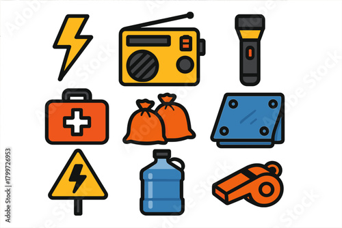 Survival kit equipment for emergency preparedness featuring radio, flashlight, first aid, and water storage