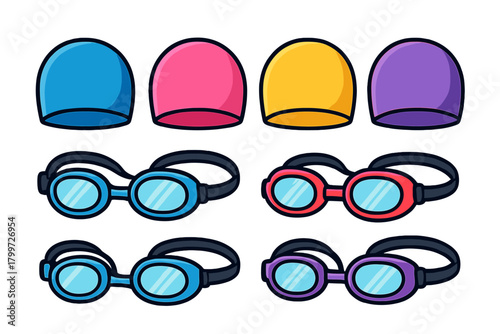 Colorful set of swimming caps and goggles for aquatic sports and pool activities