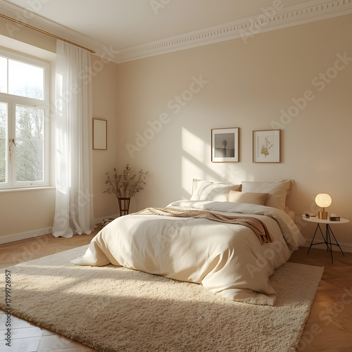 Luxury contemporary home interior design featuring a comfortable bed, sofa, pillows, lamp, and window in a modern bedroom and living room apartment
