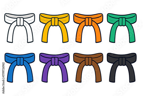 Colored martial arts belts set showing rank progression in combat sports training