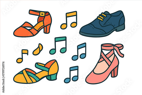 Colorful collection of various dance shoes and musical notes symbolizing rhythm and movement