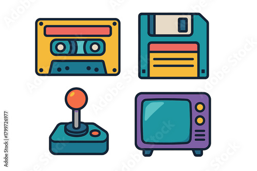Colorful retro technology icons set featuring cassette tape floppy disk television joystick