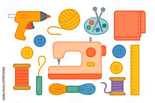 Assortment of colorful sewing, knitting, and crafting tools including machine and glue gun