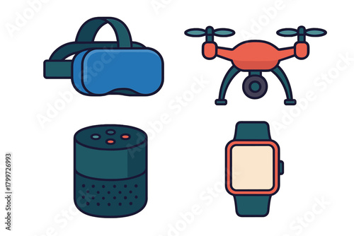 Modern technology devices set featuring VR goggles, aerial drone, smart speaker, and wearable watch