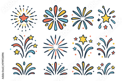 Stylized explosive bursts and star shapes for festive celebrations and holidays
