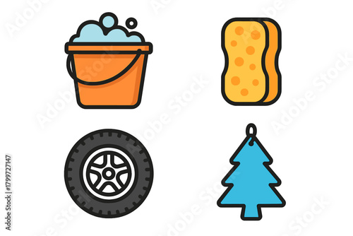 Essential car cleaning and maintenance items: soapy bucket, sponge, tire, and air freshener symbol