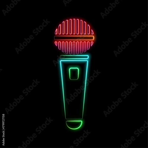 Glowing logo of night karaoke club isolated neon shining microphone and stars