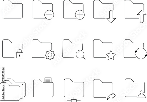 Folders flat line icons set. File catalog, document search, folder synchronization, local network vector illustrations. Outline minimal signs for web site.