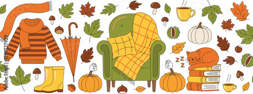 Cozy Autumn and Fall Season Doodle Vector Set, Featuring Sweater, Fallen Leaves, Pumpkins, Rain Boots, and a Cat Sleeping on a Pile of Books