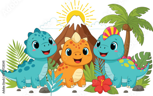 Cute Cartoon Dinosaurs Group in a Tropical Landscape with Volcano, Palm Tree, and Sun, Ideal for Kids T-shirt Design or Birthday Party Vector Illustration