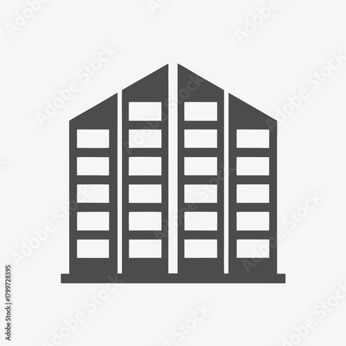 Silhouette of a modern building featuring parallel windows and triangular roof comes to the center