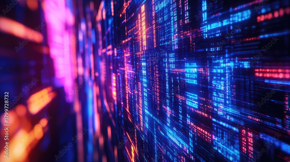 Fototapeta premium Digital data stream flowing through a futuristic network grid