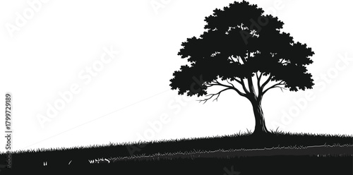 PrintTree silhouette on hill, rope angle illustration, black white nature art, physics concept, minimal design, geometry reference, outdoor graphic