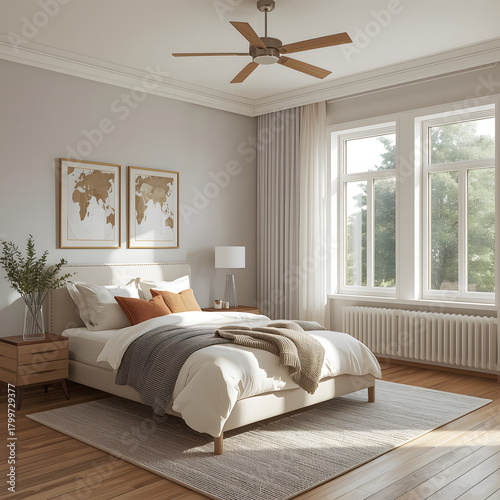 Luxury contemporary bedroom interior design with comfortable bed and light window