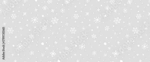 Christmas snowflake gray banner. White snowflakes seamless background. Happy Holiday card. Hello winter border. Color snowfall frame. Flying confetti. Celebration design. Vector illustration