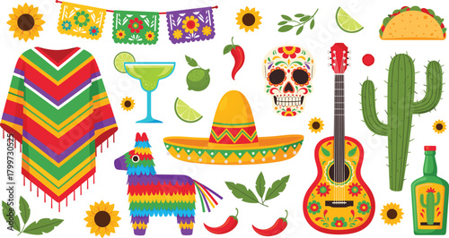 Large Set of Traditional Mexican Fiesta and Culture Icons, Including Poncho, Sombrero, Pinata, Guitar, Cactus, and Sugar Skull for Cinco de Mayo Vector