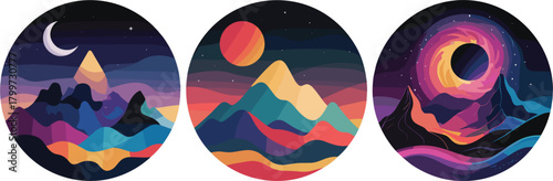Dreamy mountain landscapes under moon, sun, and swirling galaxy create vibrant, artistic visuals for creative projects and imaginative backgrounds