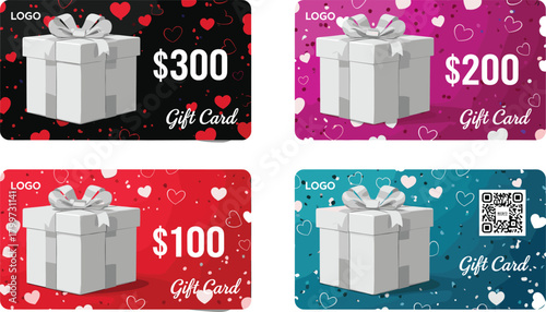 Set of Four Colorful Gift Card Templates with 3D Gift Box, Money Values, and Hearts Background, Ideal for Vouchers, Shopping, and Special Occasions Vector
