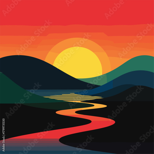 Stunning stylized landscape sunset with vibrant colors, perfect for a travel blog background or inspirational desktop wallpaper design and modern art prints