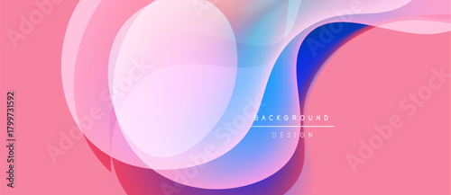 Abstract fluid shapes overlap, creating soft gradients. Pink dominates background with blue, purple accents. Minimalist design features text elements.