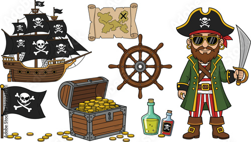 Large Cartoon Pirate Adventure Vector Set with Ship, Treasure Chest, Map, Ship Wheel, and Bearded Pirate Character Holding a Sword for Kids and Games