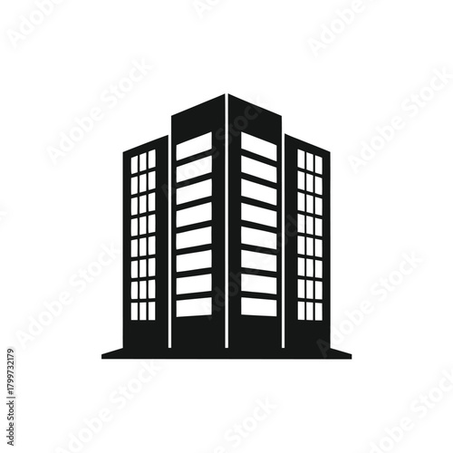 Silhouette of a tall, modern, urban office building stands against a white background