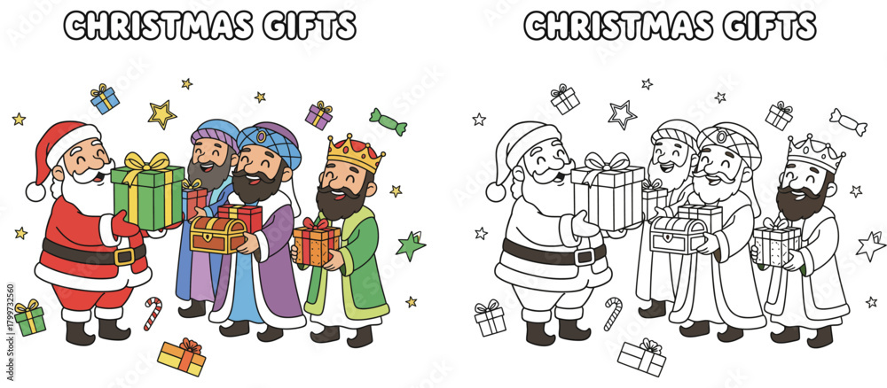 Fototapeta premium Santa Claus and Three Kings Exchange Presents Festive Holiday Illustration