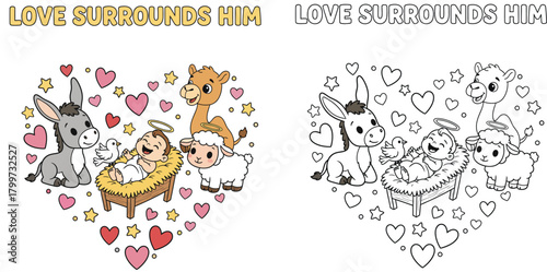 Love Surrounds Him Baby Jesus in Crib with Animals and Hearts Adorable Nativity Scene Illustration