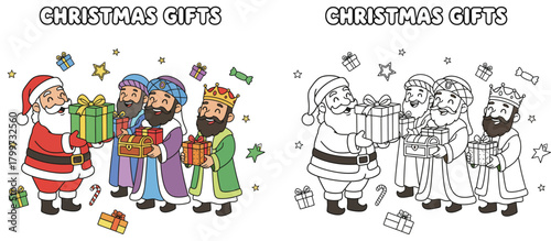 Santa Claus and Three Kings Exchange Presents Festive Holiday Illustration