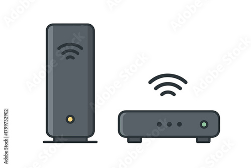 Home networking setup showing broadband modem and Wi-Fi router transmitting data signal