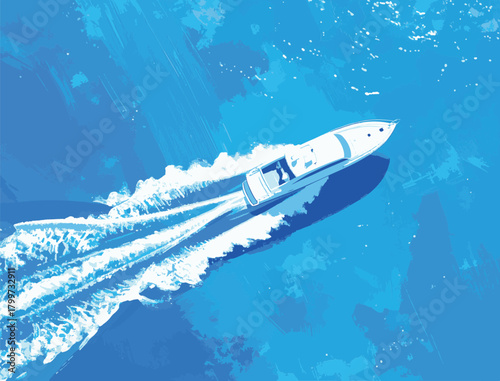 Artistic aerial top-down illustration of a luxury motorboat speeding across the vast blue sea, creating a dynamic white wake
