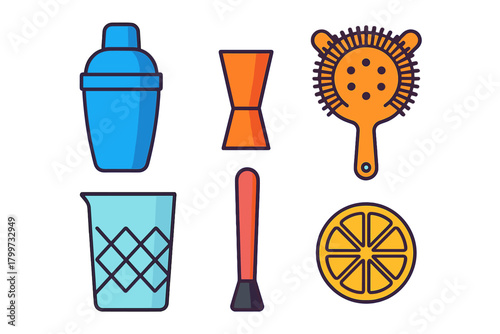 Colorful collection of essential bar tools and accessories for preparing cocktails