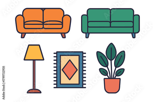 Modern interior design elements set featuring couches, lamp, rug, and houseplant