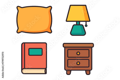 Collection of essential bedroom objects including nightstand, pillow, book, and table lamp