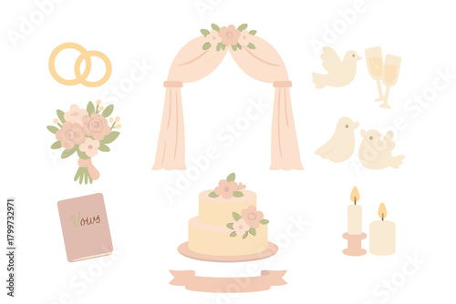 Romantic wedding elements set with floral arch, tiered cake, rings, bouquet, and doves